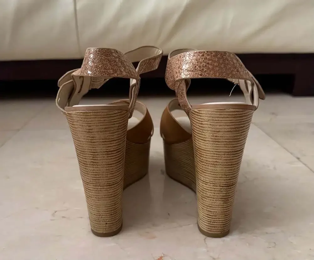 Aldo Regnano Tan and Metallic Cross-Strap Platform Wedge Sandals